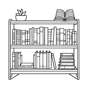 Bezaubernder Bücherschrank mit Pflanzen und vielen Büchern Ausmalvorlage für neugierige Bücherwürmer