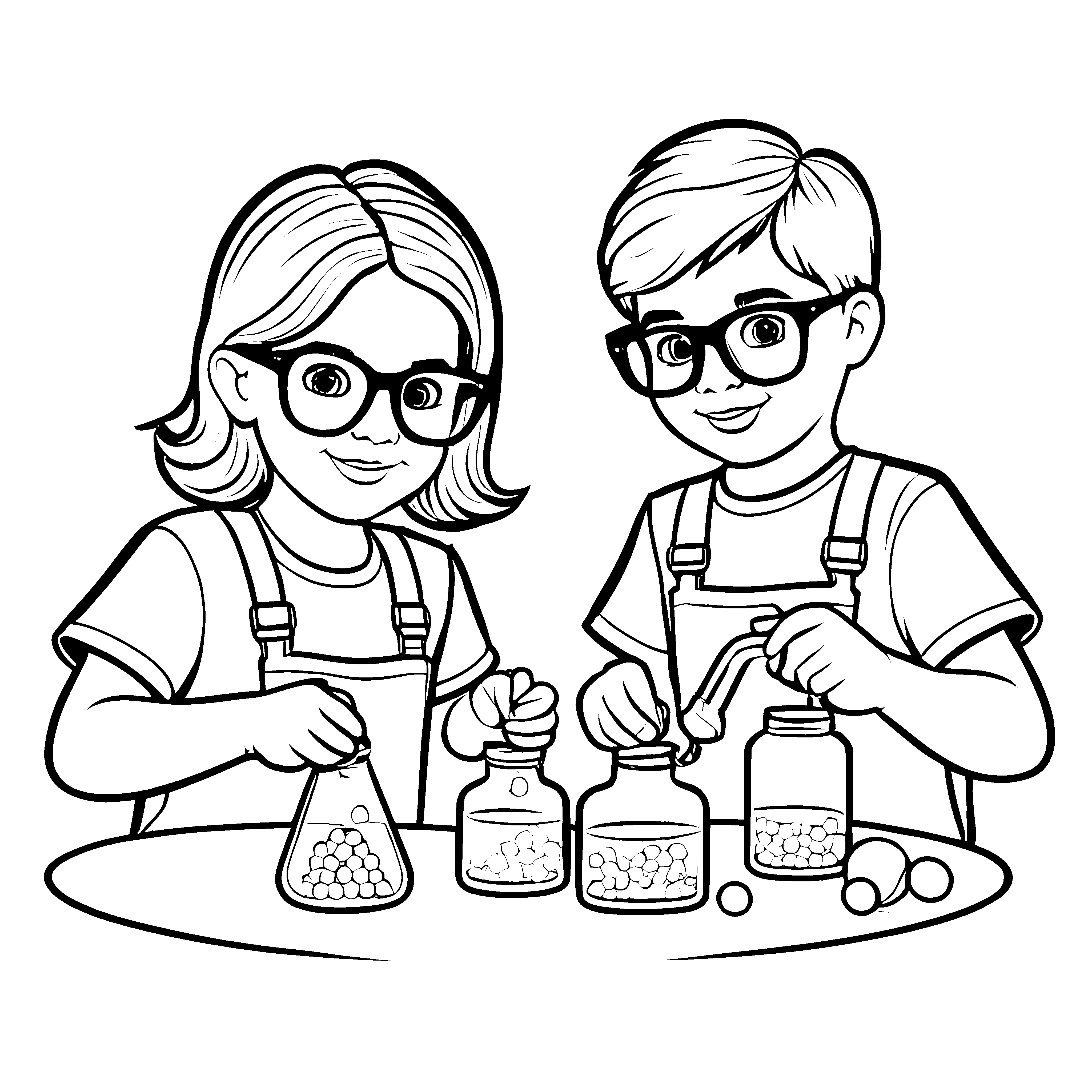 Zwei kleine Chemiker beim Experimentieren mit Flaschen Ausmalbild für kleine Tüftler