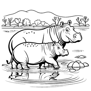 Zwei neugierige Nilpferdbabys beim Planschen im Wasser Ausmalvorlage für kleine Wasserabenteurer