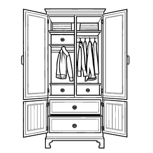 Stylischer Hochschrank mit schicken Mänteln und Fächern Ausmalbild für fantasievolle Mode-Fans