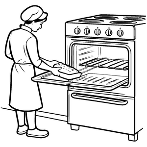Bäckerin mit frischem Brot im Elektroherd Ausmalvorlage für kleine Küchenchefs