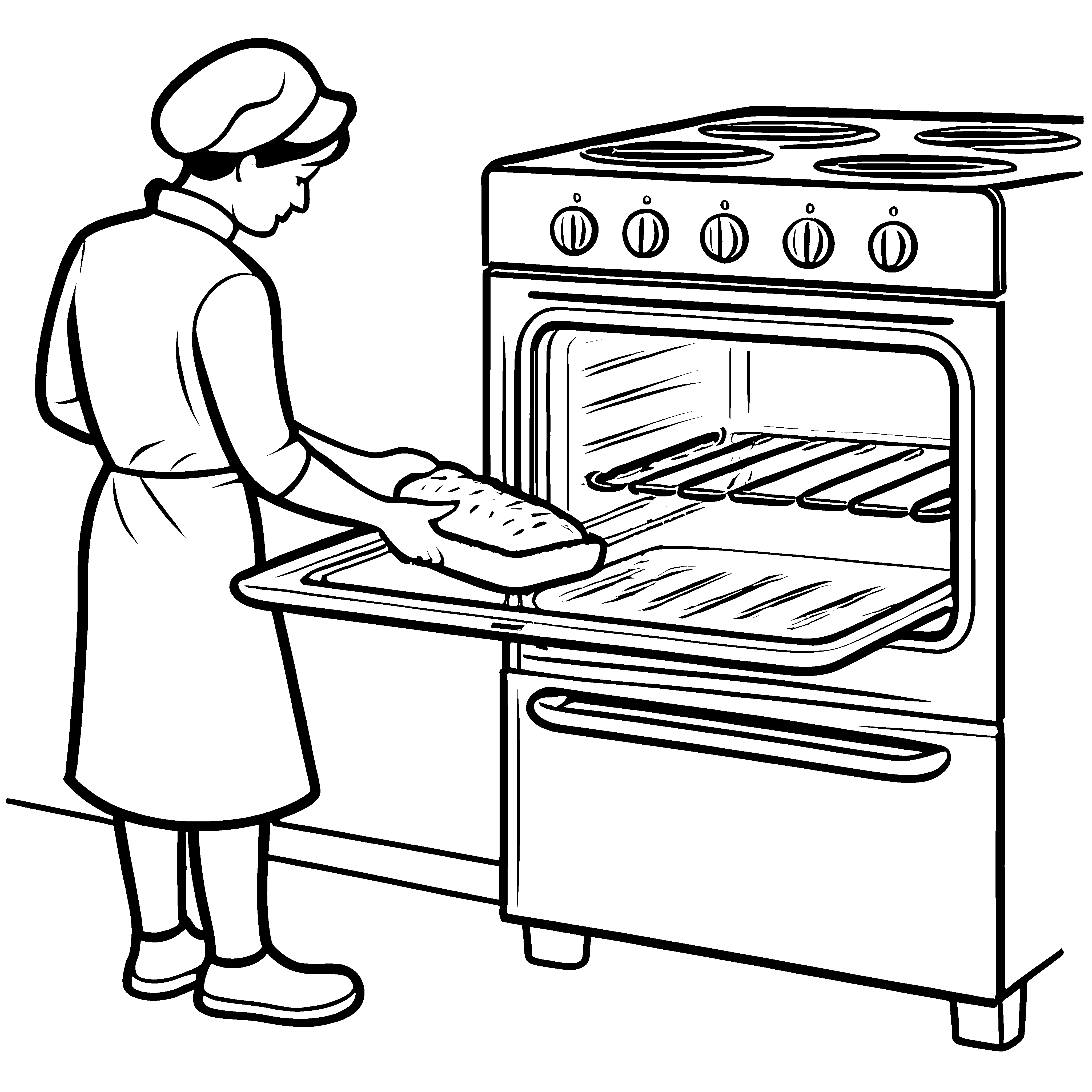 Bäckerin mit frischem Brot im Elektroherd Ausmalvorlage für kleine Küchenchefs