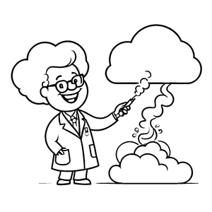 Fröhlicher Wissenschaftler mit Blitz und feuriger Wolke Ausmalmotiv für kleine Tüftler