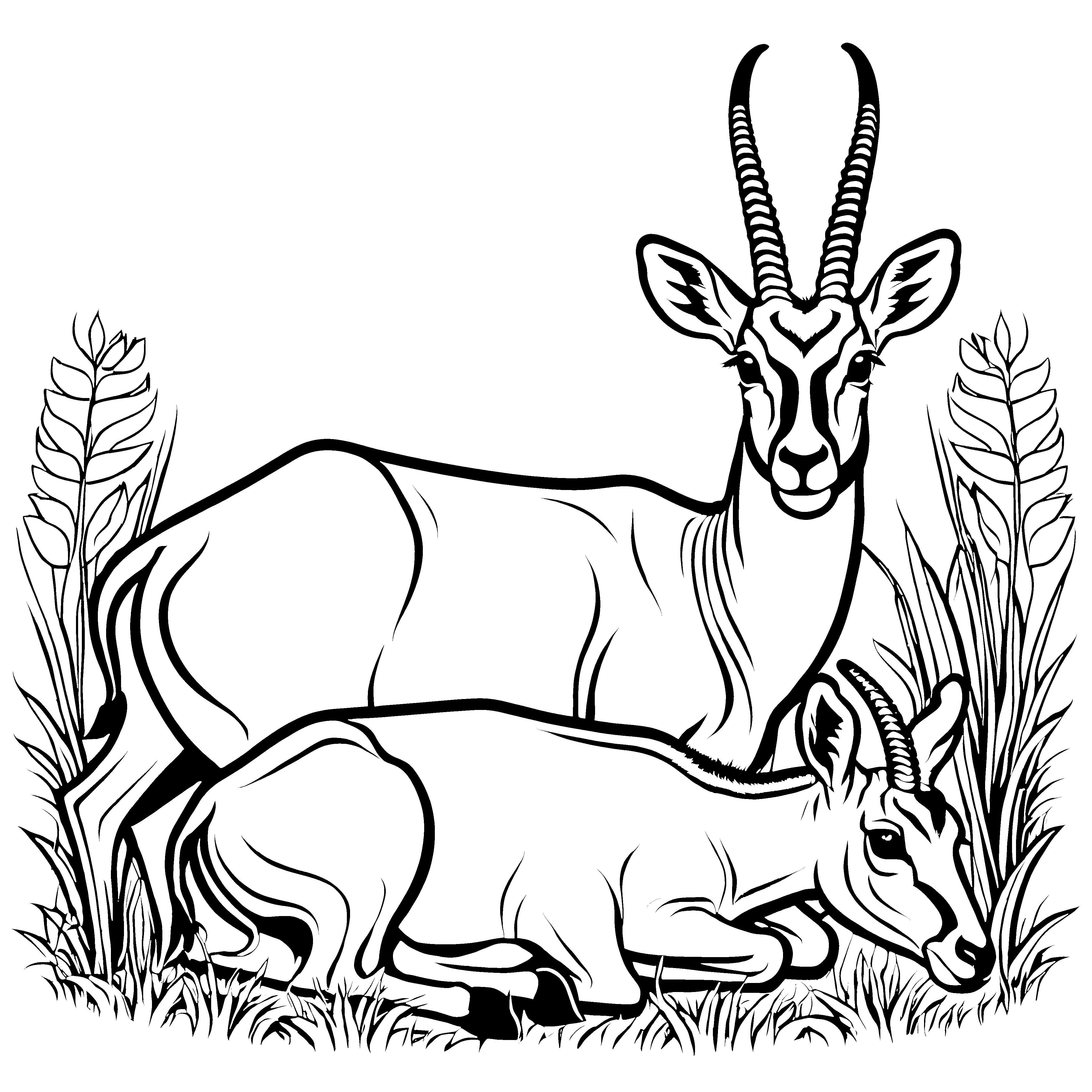Zwei bezaubernde Antilopen-Jungtiere im grünen Gras Malvorlage für kreative Naturentdecker