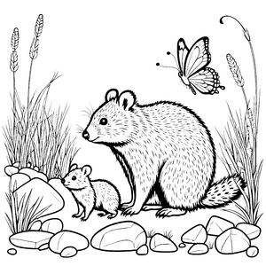 Charmante Quokka-Mutter mit ihrem Baby und Schmetterling Ausmalbild für kleine Tierfreunde