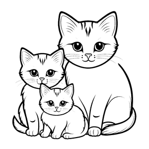 Drei süße Katzen mit großen liebevollen Augen Ausmalvorlage für kleine Tierliebhaber und fantasievolle Künstler