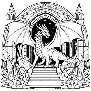 Majestätischer Drache auf Treppen mit funkelnden Sternen Ausmalbild für fantasievolle Entdecker