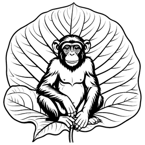 Bezaubernder Bonobo entspannt auf großem Blatt Ausmalvorlage für kleine Naturforscher