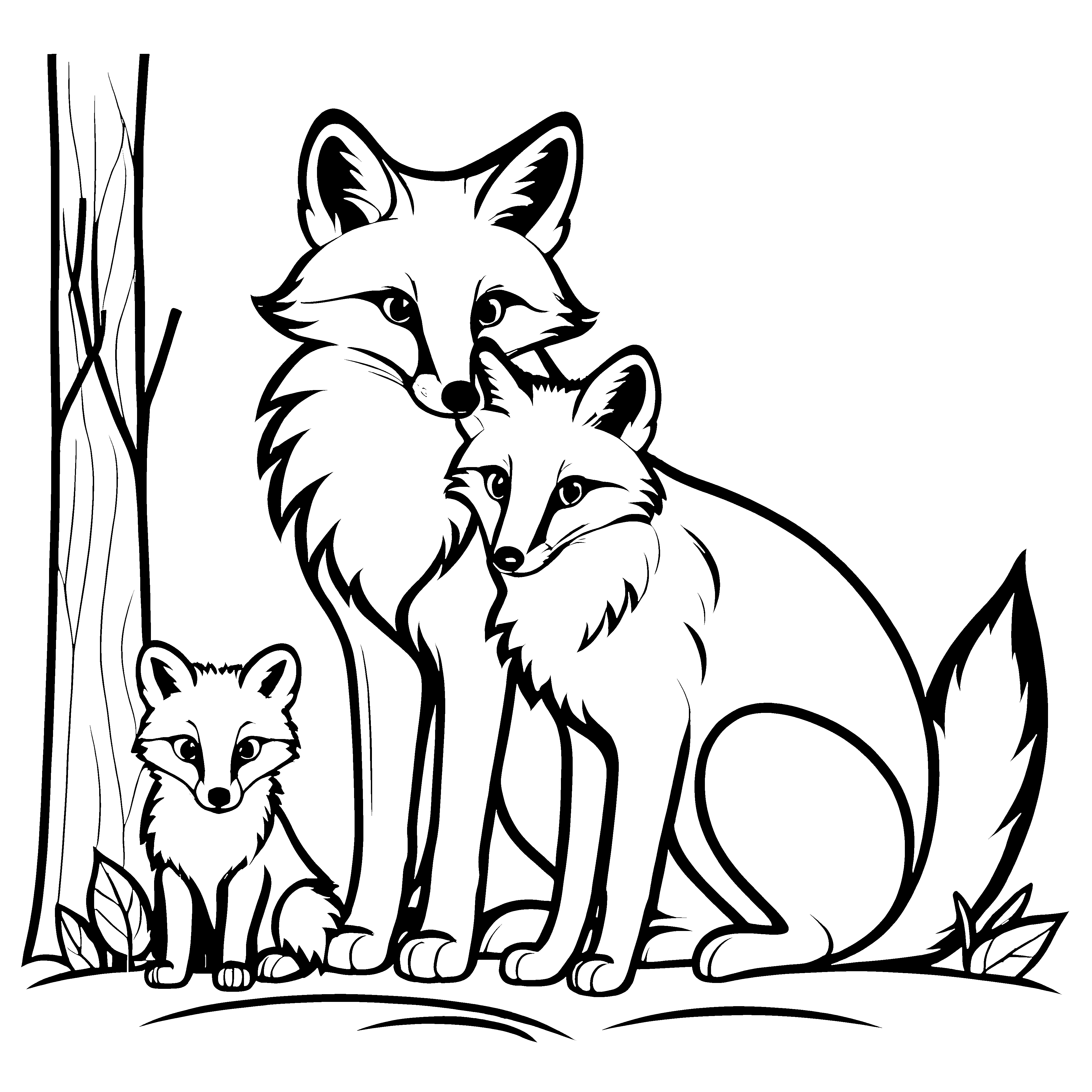 Drei kuschelige Fuchs-Welpen im zauberhaften Wald Ausmalvorlage für kleine Entdecker