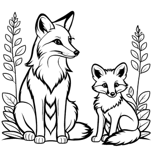 Bezaubernde Fuchs-Mama mit neugierigem Welpen Malvorlage für kleine Entdeckerinnen