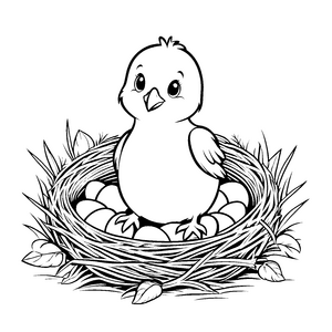 Schneeweißes Hühnchen im gemütlichen Nest Malvorlage für kleine Naturforscher