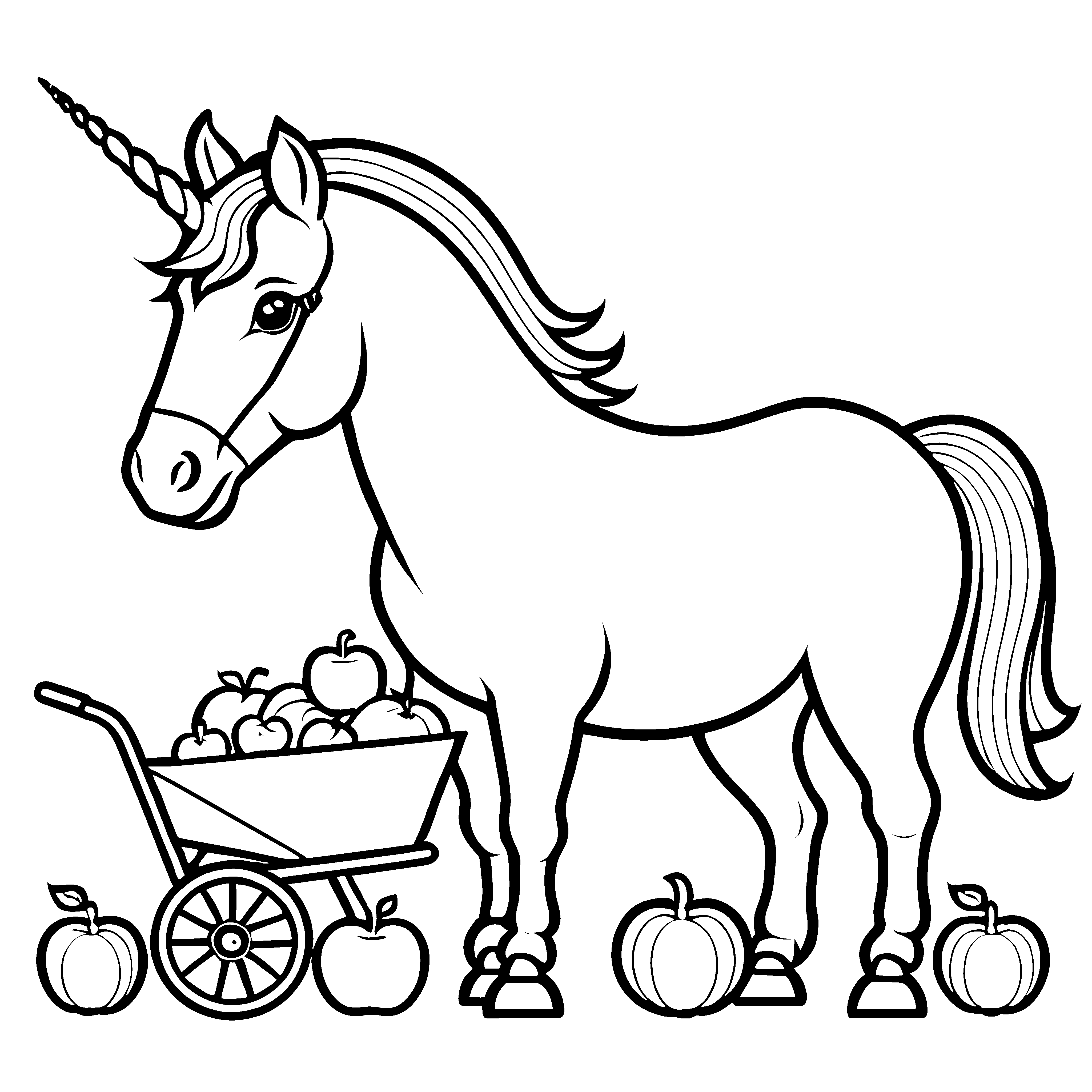 Glitzerndes Einhorn mit fruchtbarem Wagen Ausmalvorlage für abenteuerlustige Entdecker