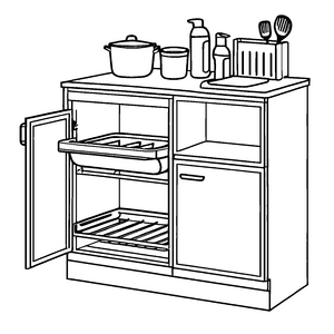 Entzückender Küchenschrank mit Töpfen und Löffeln Ausmalbild für flinke Küchenabenteurer