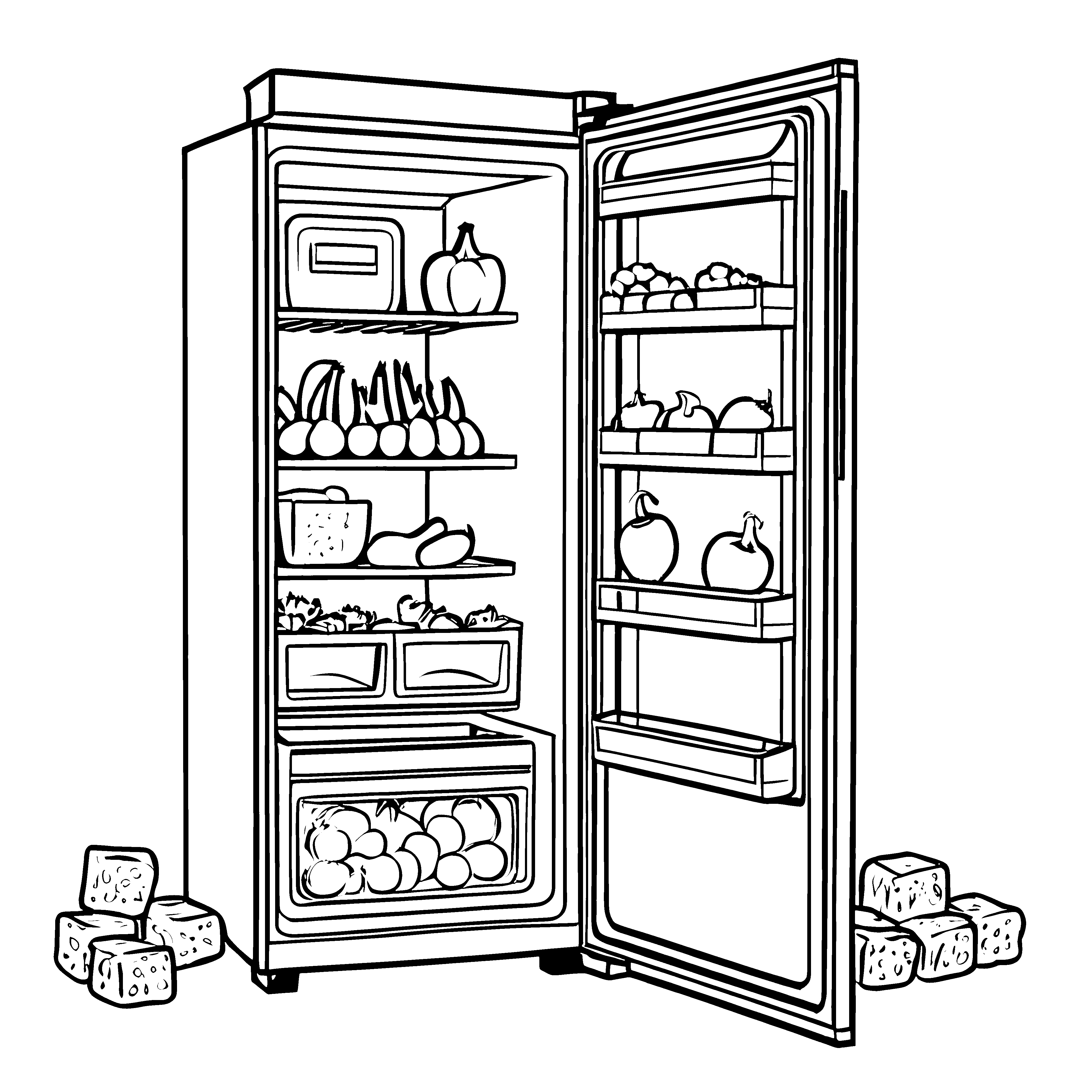 Kühlschrank voller bunter Früchte Ausmalbild für kleine Entdecker