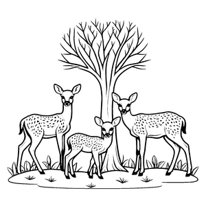 Drei bezaubernde Rehkitze unter einem Baum Ausmalbild für kleine Tierfreunde