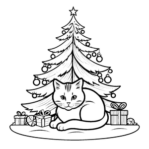 Gemütliche Katze am Weihnachtsbaum mit bunten Geschenken Malvorlage für kleine Weihnachtszauberer