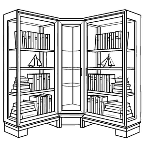Faszinierende Vitrine mit bunten Büchern und einem Schiff Malvorlage für neugierige Bücherwürmer