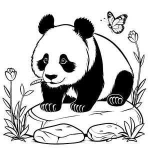 Beeindruckender Pandabär mit Schmetterling und Blume Malvorlage für kleine Künstler mit großem Herzen