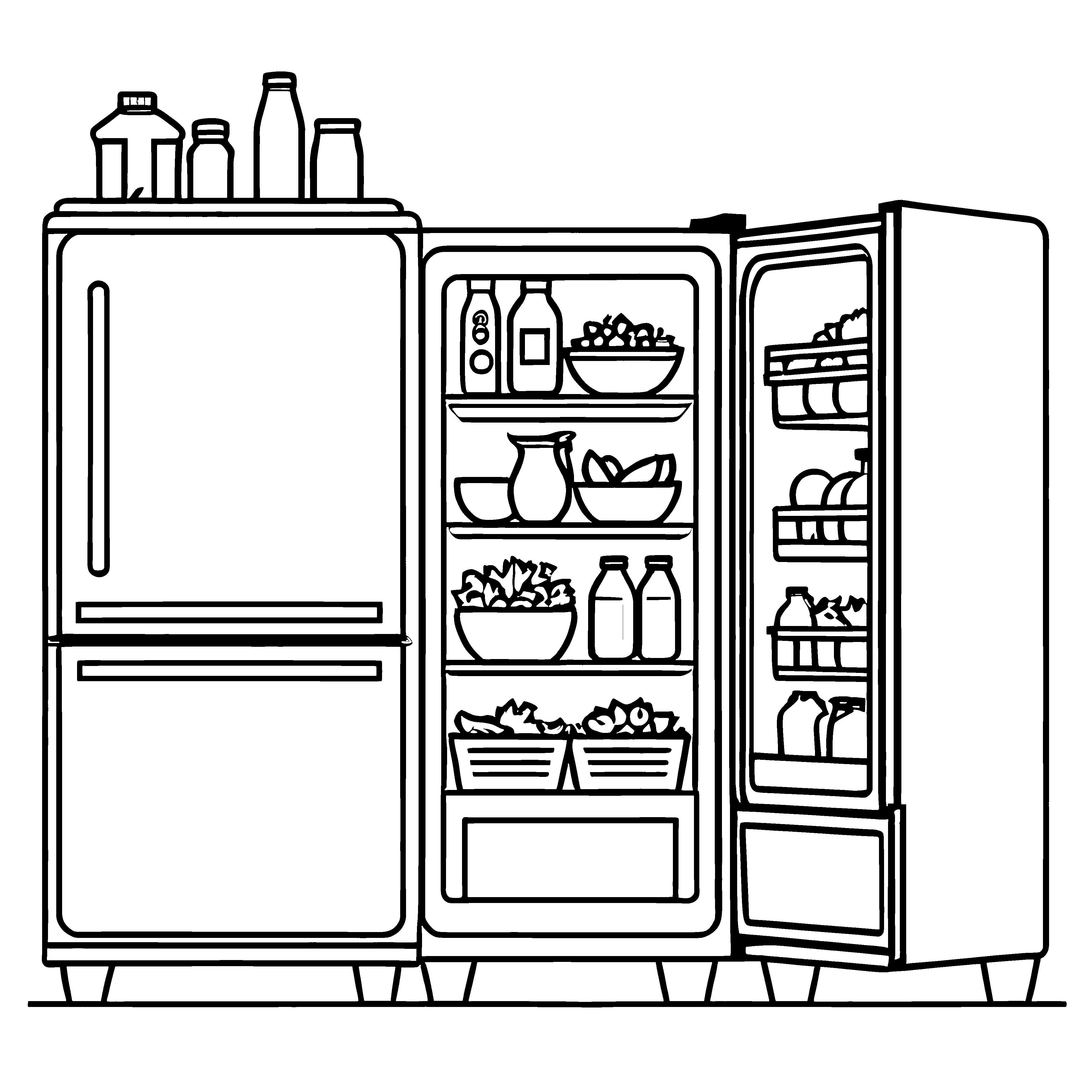 Abenteuerlicher Kühlschrank mit frischen Snacks und Getränken Malvorlage für neugierige Entdecker