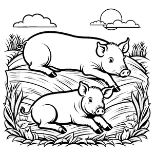 Zwei niedliche Hängebauchschweine im Heu Ausmalvorlage für fröhliche Entdecker