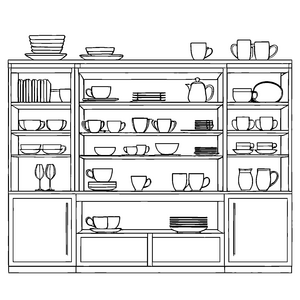 Spannende Schrankwand mit bunten Büchern und Tassen Ausmalbild für neugierige Sammler