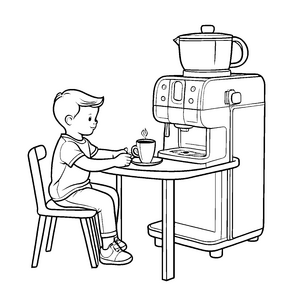 Bezaubernde Kaffeepause mit kleiner Figur Ausmalvorlage für neugierige Schöpfer