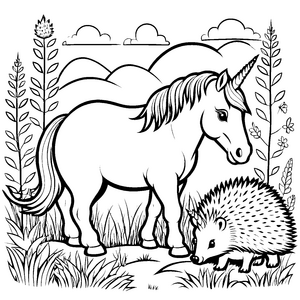 Bezauberndes Einhorn neben neugierigem Igel Ausmalvorlage für kleine Fantasieentdecker
