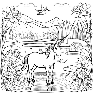 Strahlendes Einhorn am idyllischen Teich Ausmalvorlage für träumerische Naturfreunde