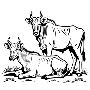 Zwei fröhliche Gnu-Jungtiere auf der Wiese Ausmalbild für kleine Naturforscher