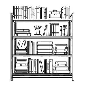Vielfältiger Bücherschrank mit Deko Bücher und Pflanzen Ausmalmotiv für kleine Wissenshungrige