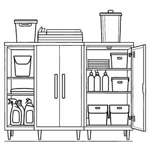 Vielfältiger Lagerunterschrank mit bunten Aufbewahrungsbehältern Ausmalbild für kleine Ordnungsmagier