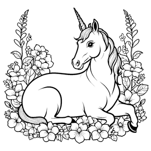 Wunderschönes Einhorn inmitten blühender Blumen Ausmalbild für träumerische Künstlerlingen