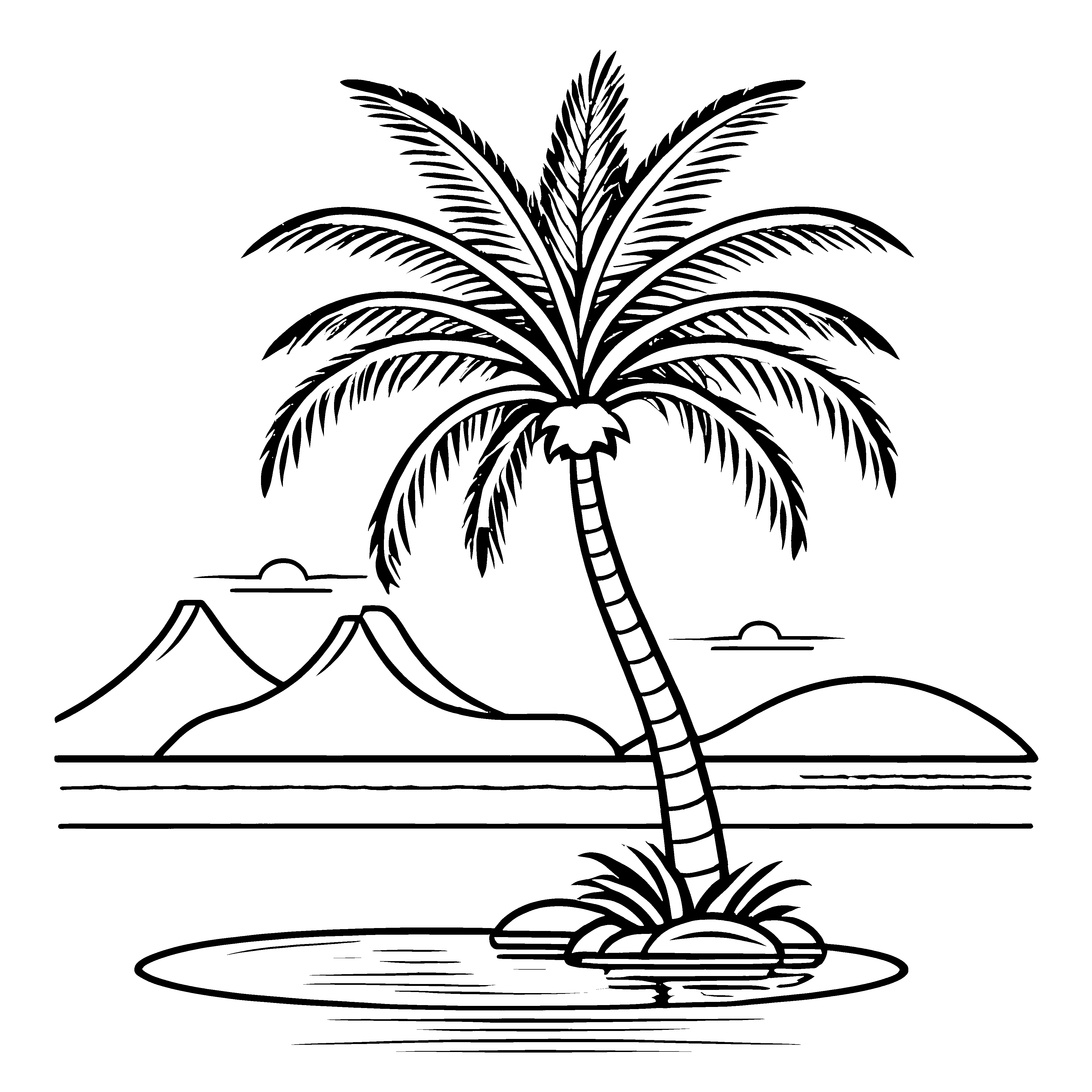 Palmbaum mit Kokosnuss am Wasser Ausmalbild für kleine Entdecker