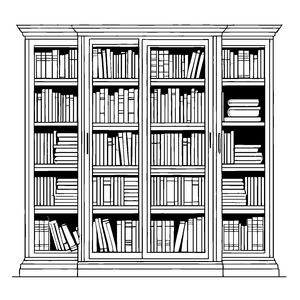 Nostalgischer Bücherschrank mit fülligen Büchern Ausmalvorlage für kleine Geschichtenerzähler