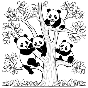 Drei verspielte Pandabären auf einem Ast Ausmalvorlage für kleine Abenteurer und neugierige Maler