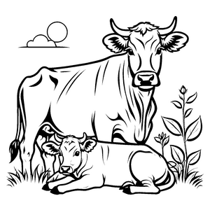 Schöne Kuh mit niedlichem Kalb im Gras Ausmalbild für neugierige kleine Naturfreunde
