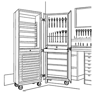 Innovativer Werkzeugschrank mit vielseitigen Werkzeugen Ausmalbild für pfiffige Bastelprofis und kreative Tüftler