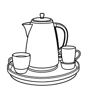 Eleganter Kaffeekocher mit zwei Tassen auf Tablett Ausmalmotiv für kleine Genusskünstler