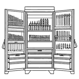 Bunter Werkzeugschrank mit spannenden Utensilien Ausmalbild für kreative Tüftler und Entdecker