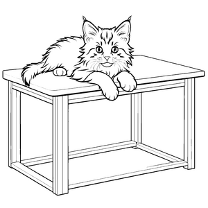 Aufmerksame Maine Coon Katze auf Tisch Malvorlage für pfiffige Künstler