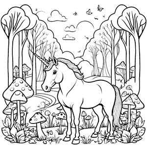 Fasziniertes Einhorn zwischen mystischen Bäumen Ausmalmotiv für kleine Zauberer und kreative Forscher
