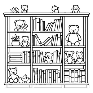 Kreativer Bücherschrank mit kuscheligen Teddys und Pflanzen Malvorlage für fantasievolle Vorleser