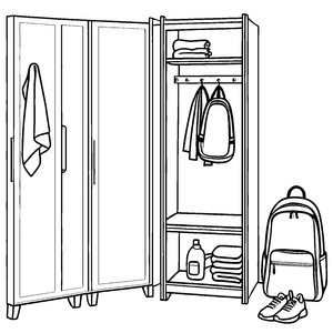 Schicker Kleiderschrank mit coolen Sportartikeln Ausmalbild für kleine Aufräumprofis