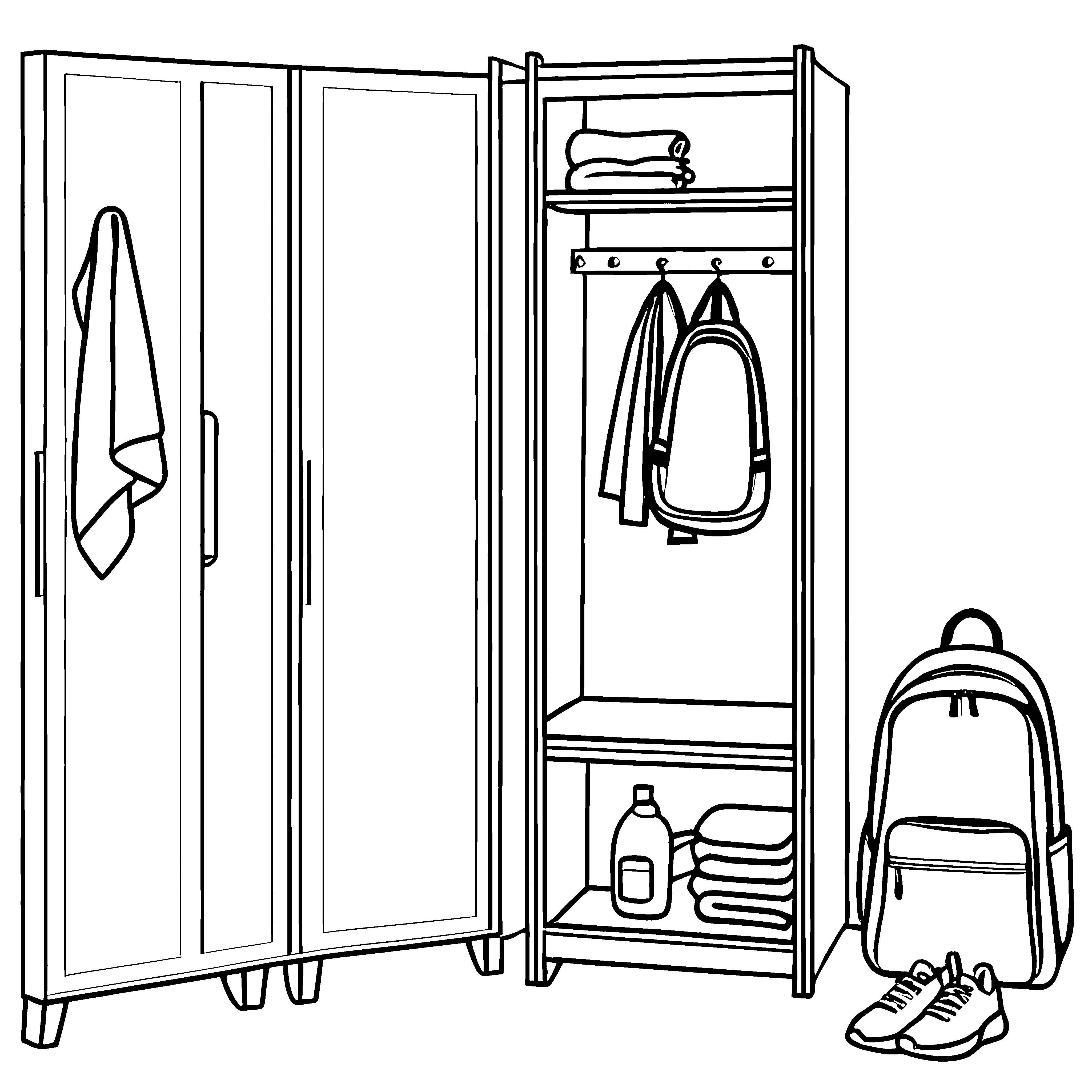 Schicker Kleiderschrank mit coolen Sportartikeln Ausmalbild für kleine Aufräumprofis