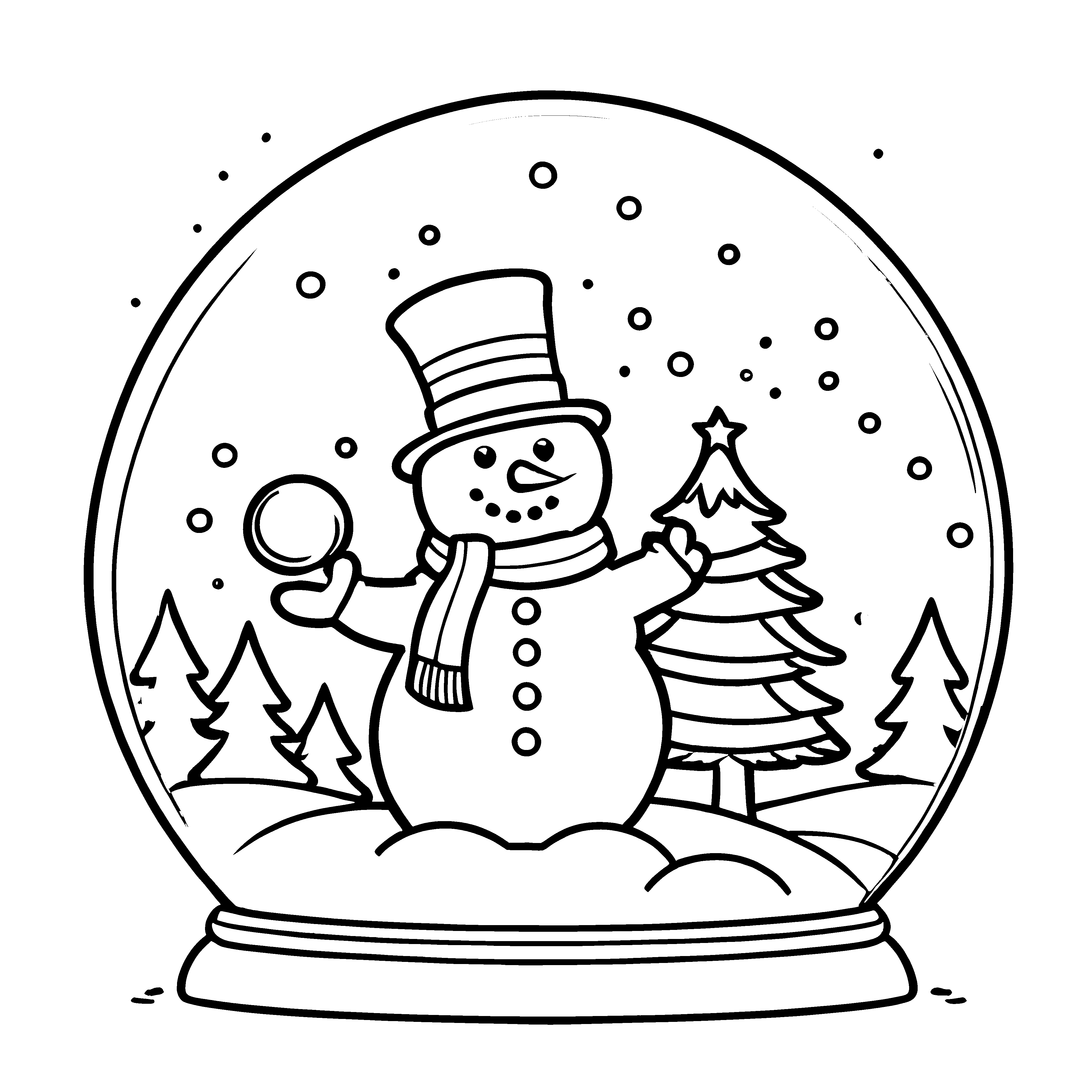 Bezaubernde Schneekugel mit fröhlichem Schneemann und Tannenbaum Ausmalvorlage für kleine Winterzauberer