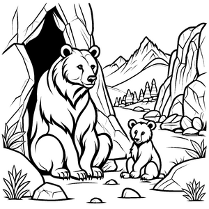 Schützende Mama-Bär mit ihrem süßen Jungtier Ausmalvorlage für kleine Abenteurer