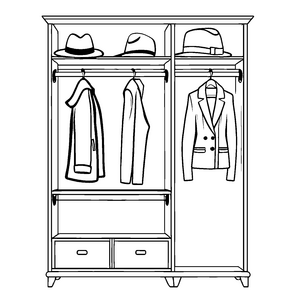 Bunter Kleiderschrank mit zahlreichen Hüten Malbild für neugierige Modefreunde