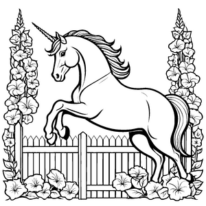 Schimmerndes Einhorn hinter freundlichem Lattenzaun Ausmalmotiv für strahlende Fantasiekünstler
