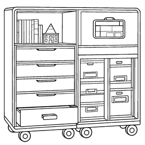 Zweigeteilter Rollschrank mit offener Schublade Ausmalbild für kleine Ordnungstalente