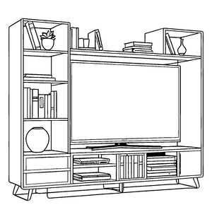 Bezaubernder TV-Schrank mit Büchern und Dekoration Ausmalvorlage für fantasievolle Künstler